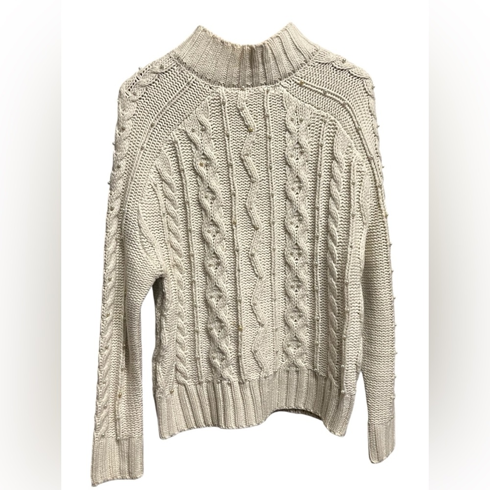 Ivory Cream Knit Cable Sweater with Pearl accent